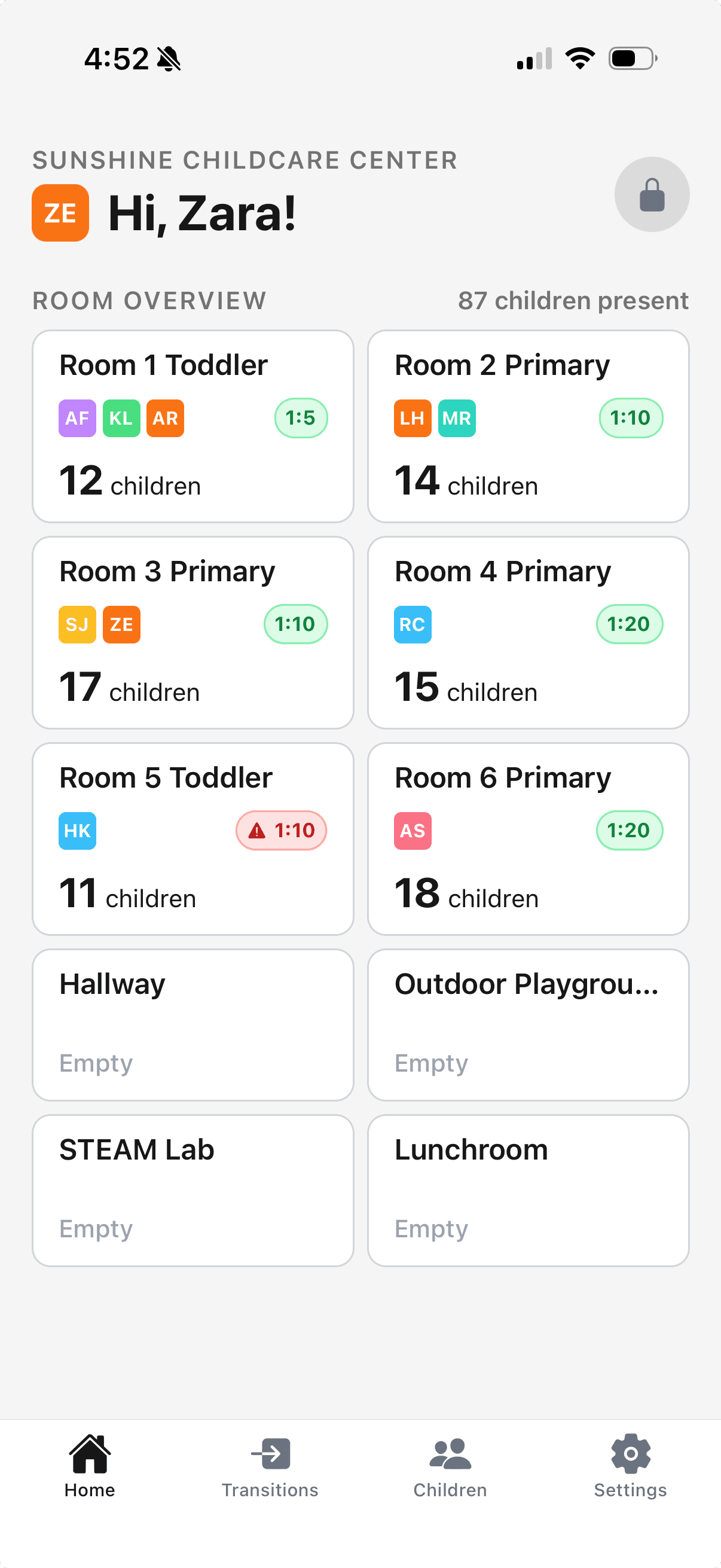 Room overview screen showing the children currently checked into a classroom
