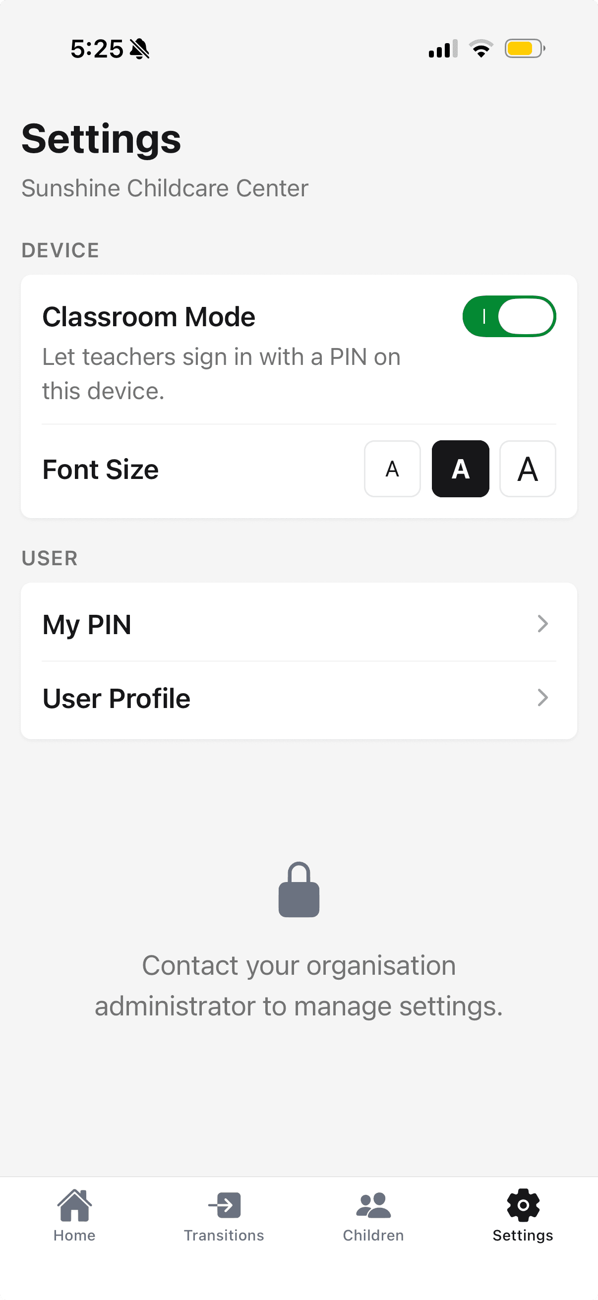 Settings screen showing the Classroom Mode toggle